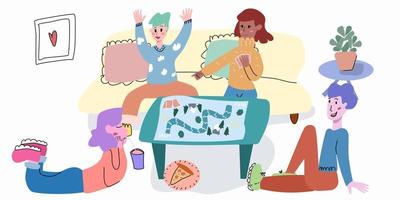 una compañía de jóvenes juega juegos de mesa, come comida rápida. ilustración colorida en estilo plano vector