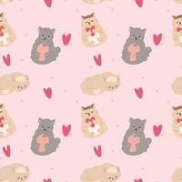 seamless pattern with kittens and cats, fluffy cute animals and hearts in cartoon style vector