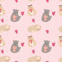 seamless pattern with kittens and cats, fluffy cute animals and hearts in cartoon style vector