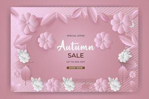 diseño de fondo, pancarta, afiche o volante de venta de otoño. ilustración vectorial con marco de hojas hermosas y brillantes y rosa de flor de fink llena de color. plantilla para anuncios publicitarios, web, sociales y de moda vector