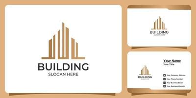 Minimalist building logo with line art style logo design and business card template vector