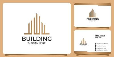 Minimalist building logo with line art style logo design and business card template vector