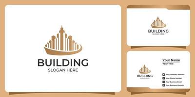 Minimalist building logo with line art style logo design and business card template vector