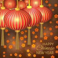 Chinese New Year vector illustration with lanterns and cherry blossom on bokeh background. Easy to edit design template for your projects. Can be used as greeting cards, banners, invitations etc.