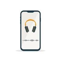 Mobile phone with headphones and sound track. Phone for listening to music and podcasts. vector