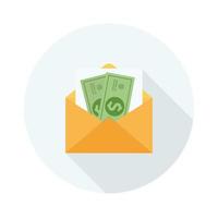 Icon of an open envelope with money. Dollar accounts. Salary, earnings and savings concept. Flat style illustration