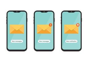 A set of mobile phones with notifications. New incoming message on the smartphone screen. Unread email notification. vector