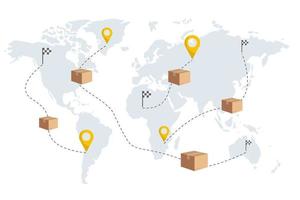 Global logistics network. Worldwide shipping by air and sea freight transport. World map with cargo moving. vector