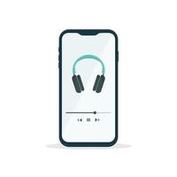 auriculares y botón de reproducción en la pantalla del teléfono inteligente. servicio de transmisión, aplicación de música, escuchar música o podcast en un dispositivo móvil. vector