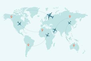 mapa del mundo con línea de trazos discontinuos y aviones volando. concepto de viaje ilustración vectorial vector