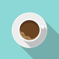White cup of coffee with a saucer, top view. Flat design illustration with long shadow, vector. vector