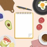 libro de recetas bloc de notas y lápiz para escribir recetas rodeado de verduras, café, huevos y una tabla para cortar.