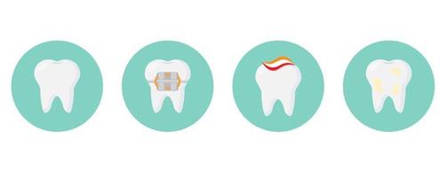 odontología. conjunto de iconos de dientes. un diente sano, un diente con frenos, un diente enfermo, un diente con pasta de dientes. vector