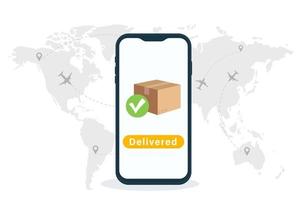 Global logistics network. Notification of the receipt of delivery on the phone screen. Worldwide shipping by air. World map with cargo moving. vector