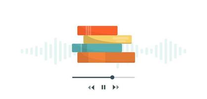 pila de libros con pista de música y botón de reproducción. audiolibros aprendizaje a través de audiolibros. vector