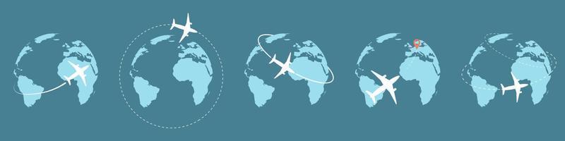 iconos de viaje con avión vuelan alrededor de la tierra. ilustración vectorial concepto de transporte turístico vector