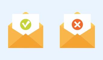WebConfirmation or rejection Email concept. Open envelope with a check mark and a cross. vector