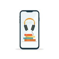 concepto con un teléfono móvil y auriculares. biblioteca digital con audiolibros, podcasts y cursos. vector