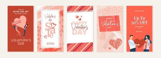 conjunto de banners de redes sociales del día de san valentín. ilustraciones vectoriales para banners de medios sociales, banners de sitios web, compras en línea, anuncios de venta, tarjetas de felicitación, material de marketing. vector