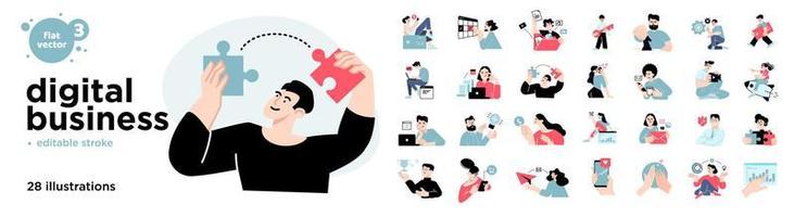 Digital business concept illustrations. Set of flat design vector illustrations of men and women in various activities of online business, management, e-commerce, communication, marketing.