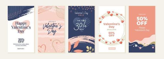 conjunto de banners de redes sociales del día de san valentín. ilustraciones vectoriales para banners de medios sociales, banners de sitios web, compras en línea, anuncios de venta, tarjetas de felicitación, material de marketing. vector