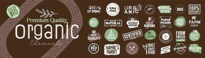 Organic food, farm fresh and natural product signs collection for food market, ecommerce, restaurant, healthy life. Vector illustration concepts for web design, packaging design, marketing.