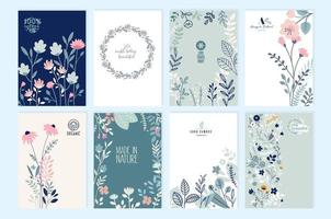Set of brochure designs on the subject of nature, spring, beauty, fashion, natural and organic products, environment. Vector illustration or cover design templates, annual reports, marketing material.