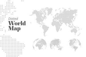 Vector dotted world map and earth globes showing all continents. Illustration template for web design, business presentation, politics and economic, infographics, marketing, social media.