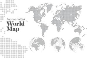 mapa del mundo con puntos cuadrados y globos terráqueos que muestran todos los continentes. plantilla de ilustración vectorial para diseño web, informes anuales, infografías, presentación de negocios, marketing, viajes y turismo.