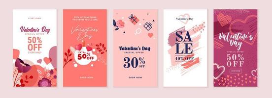 conjunto de banners de redes sociales del día de san valentín. ilustraciones vectoriales para banners de medios sociales, banners de sitios web, compras en línea, anuncios de venta, tarjetas de felicitación, material de marketing. vector