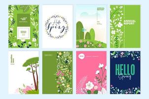 conjunto de diseños de folletos sobre el tema de la naturaleza, la primavera, la belleza, la moda, los productos naturales y orgánicos, el medio ambiente. ilustración vectorial o plantillas de diseño de portada, informes anuales, material de marketing. vector