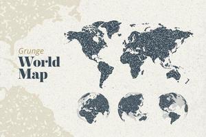 mapa del mundo grunge y globos terráqueos que muestran todos los continentes. plantilla de ilustración vectorial para diseño web, informes anuales, infografías, presentación de negocios, marketing, viajes y turismo. vector