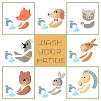 set of animals washing their hands. Funny cartoon characters. Vector illustration. Isolated set of animals washing their hands on white background