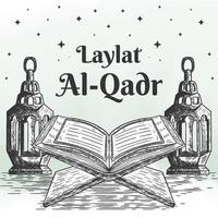 laylat al-qadr ilustración dibujada a mano con corán y linterna vector