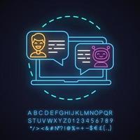 admite el icono de concepto de luz de neón de chatbot. robot de mensajería idea de asistente virtual. hombre charlando con bot en la computadora portátil. signo brillante con alfabeto, números y símbolos. ilustración vectorial aislada vector