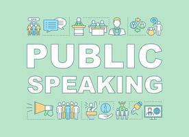 Public speaking skill word concepts banner. Oratory and communication. Public relations. Isolated lettering typography idea with linear icons. Vector outline illustration