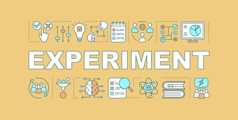 Experiment word concept banner. HR soft skills. Critical and analytical thinking. Isolated lettering typography idea with linear icons. Decision making, research, organization. Vector illustration
