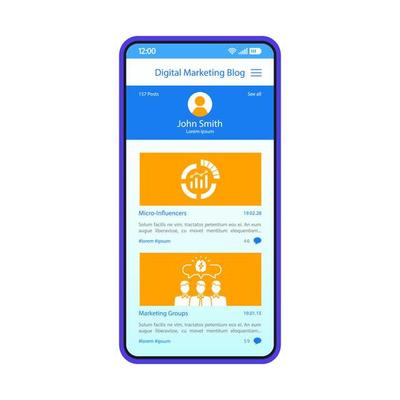 Blogging app smartphone interface vector template. Digital marketing posts screen. Blogger profile mobile page blue design layout. Application flat UI. Social media platform content on phone display