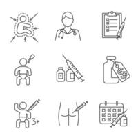 Vaccination and immunization linear icons set. Thin line contour symbols. Kid's immune system, nurse, vaccine price, intramuscular injection. Isolated vector outline illustrations. Editable stroke