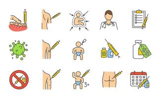 Vaccination and immunization color icons set. Vaccines for kids, adults. Tetanus, flu, hepatitis, measles diseases prevention. Viral and bacterial infections tolerance. Isolated vector illustrations