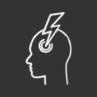 Migraine chalk icon. Human head with lightning bolt. Thunderclap headache. Temple pressure, tension, pain. Flu symptom. Isolated vector chalkboard illustration