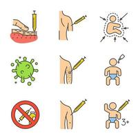 conjunto de iconos de color de vacunación e inmunización. inyección subcutánea, vacunación de niños y adultos, virus de la gripe, alergia a las vacunas, prohibición de medicamentos. ilustraciones de vectores aislados