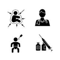Kids vaccination and immunization glyph icons set. Silhouette symbols. Pediatrics. Kid's immune system, pediatrician, oral vaccine, syringe and vials. Vector isolated illustration
