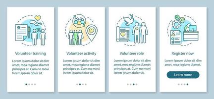 Volunteer becoming onboarding mobile app page screen vector template. Humanitarian help. Volunteer service walkthrough website steps with linear illustrations. UX, UI, GUI smartphone interface concept