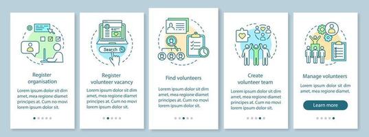 voluntarios que encuentran la plantilla de vector de pantalla de página de aplicación móvil de incorporación. ayuda humanitaria Pasos del sitio web del tutorial del programa de voluntariado con ilustraciones lineales. ux, ui, concepto de interfaz de teléfono inteligente gui