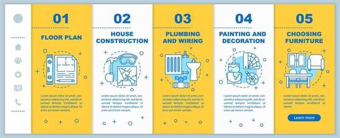 plantilla de vector de pantalla de página de aplicación móvil de incorporación de construcción de viviendas. elegir muebles, pasos del sitio web del recorrido de la construcción de la casa con ilustraciones lineales. ux, ui, concepto de interfaz de teléfono inteligente gui