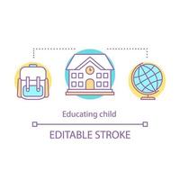 Educating child concept icon. Primary, secondary education idea thin line illustration. School building, rucksack, globe. Give knowledge. Learning. Vector isolated outline drawing. Editable stroke