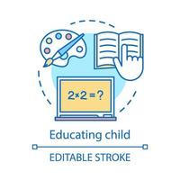 Educating child concept icon. Education idea thin line illustration. Arts, maths subjects. After school classes. Reading book. Knowledge. Learning. Vector isolated outline drawing. Editable stroke
