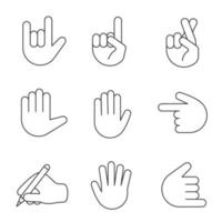 Hand gesture emojis linear icons set. Thin line contour symbols. Love you, luck, lie, high five, counting five, shaka gesturing, writing hand. Isolated vector outline illustrations. Editable stroke