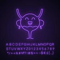 Happy urinary bladder emoji neon light icon. Healthy urinary tract. Urinary system health. Glowing sign with alphabet, numbers and symbols. Vector isolated illustration